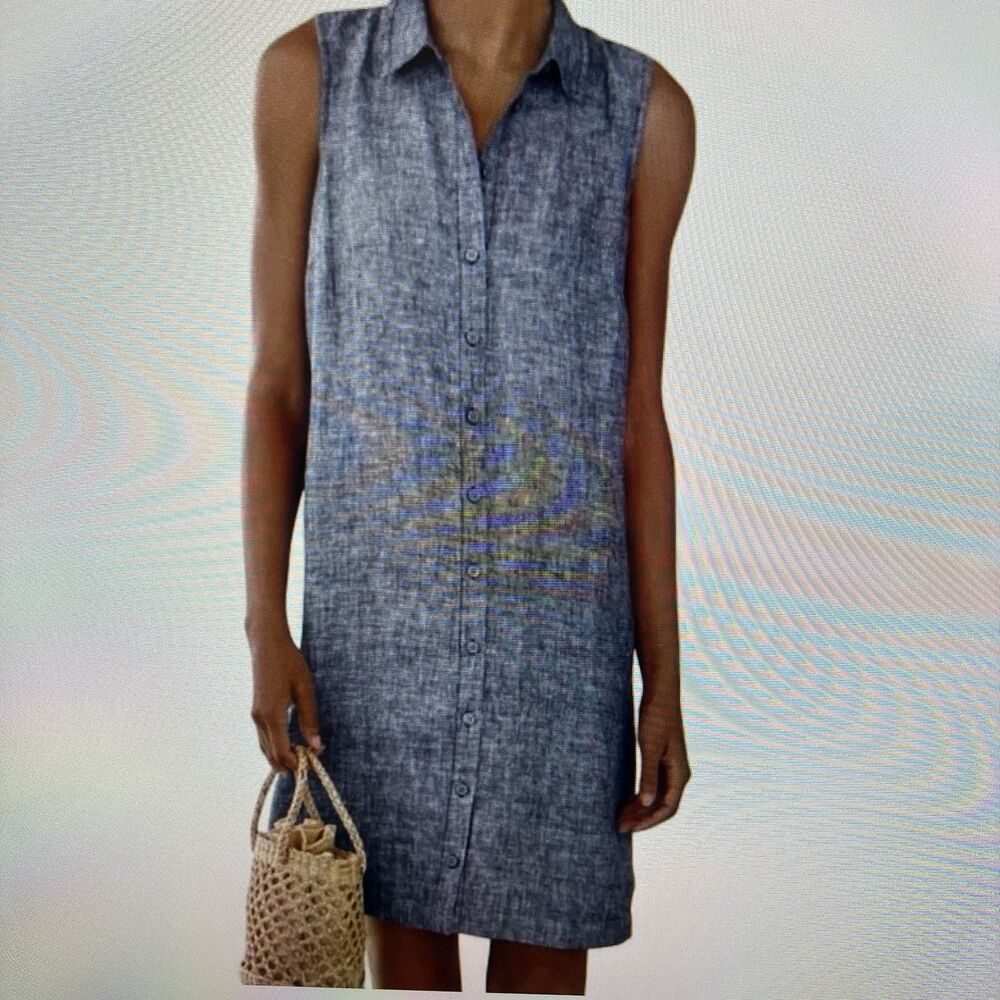 Sleeveless Button-Front Midi Shirt Dress in Chambray Blue- M